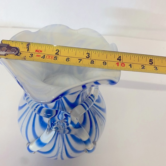 Murano Style Art Glass Vase Blue & White Swirl Rim Vase Ruffled Edge - Picture 9 of 9